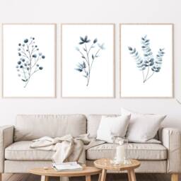 Set Of 3 Navy Blue Botanical Wall Art Prints, Dusky Floral Living Room Posters, Pictures, Bedroom Art, Kitchen Prints - thumbnail 3