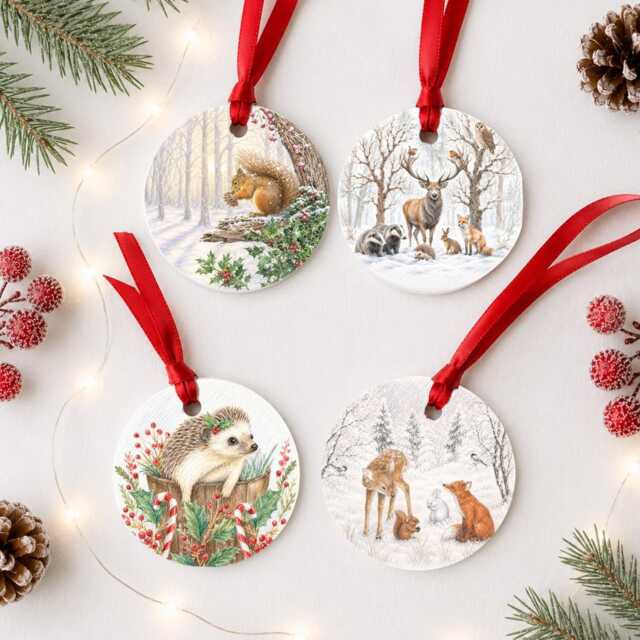 Set Of 4 Woodland Wildlife Christmas Tree Decorations - Wooden Fox Deer Squirrel & Hedgehog Ornaments British 7cm - image 1