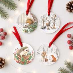 Set Of 4 Woodland Wildlife Christmas Tree Decorations - Wooden Fox Deer Squirrel & Hedgehog Ornaments British 7cm - thumbnail 1