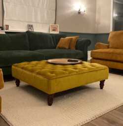Chesterfield Plush Velvet Footstool - Mahogany Legs, Ottoman