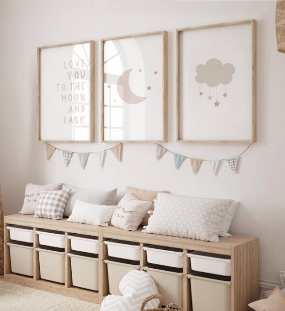 Gender Neutral Moon Stars Prints - Set Of 3, Love You To The & Back, Baby Girl Print, Nursery Prints, Wall Art, Kids Bedroom - image 1