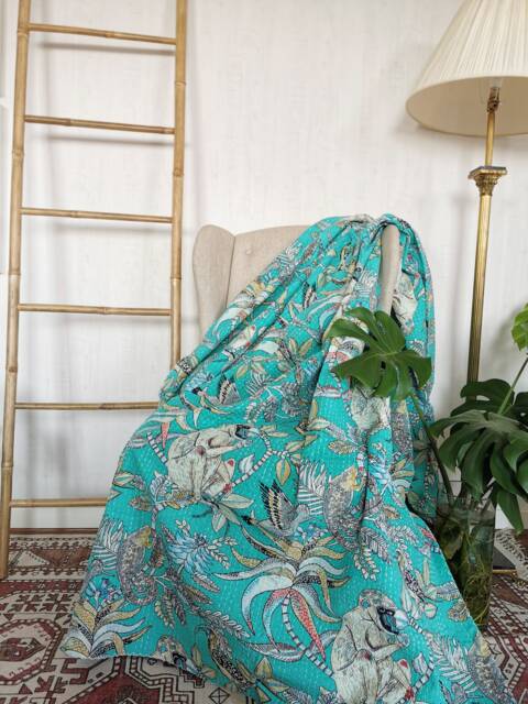 Kantha Stitch Pure Cotton Reversible Bed/Sofa Throw King Size - Tropical Animal Bird Handprinted Dohar Indian Blankets -Bright Aqua - image 1