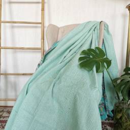 Kantha Stitch Pure Cotton Reversible Bed/Sofa Throw King Size - Tropical Animal Bird Handprinted Dohar Indian Blankets -Bright Aqua - thumbnail 3