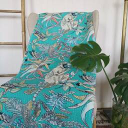 Kantha Stitch Pure Cotton Reversible Bed/Sofa Throw King Size - Tropical Animal Bird Handprinted Dohar Indian Blankets -Bright Aqua - thumbnail 2