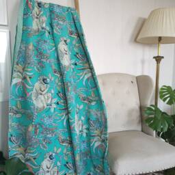 Kantha Stitch Pure Cotton Reversible Bed/Sofa Throw King Size - Tropical Animal Bird Handprinted Dohar Indian Blankets -Bright Aqua - thumbnail 4