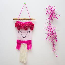Handwoven Pink Smily Face Wall Hanging Driftwood Tapestry - thumbnail 2