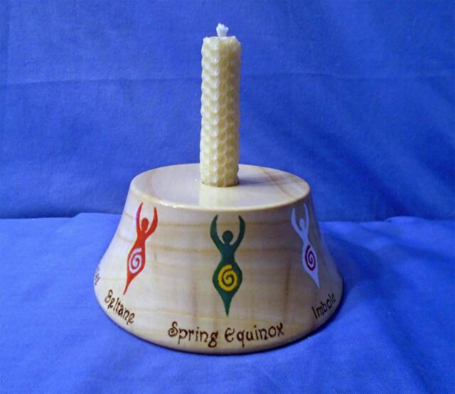 Handmade & Hand-Painted Goddess Wheel Of The Year Wooden Candle Holder Base. Made in Ash - image 1