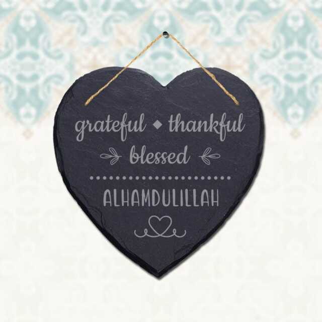 Grateful Thankful Blessed Engraved Islamic Wall Hanging Slate Heart Plaque Sign - image 1