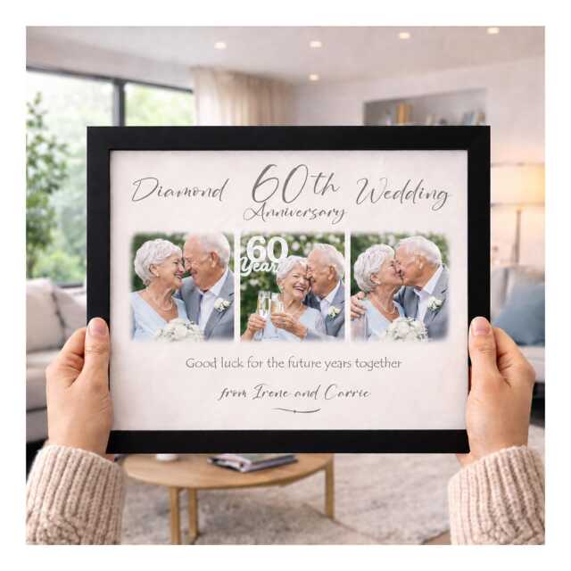 60Th Diamond Wedding Anniversary Personalised Photo Frame, Custom 3 Montage Gift For Couples, 60 Year Married Keepsake, 6 Frame Choice - image 1