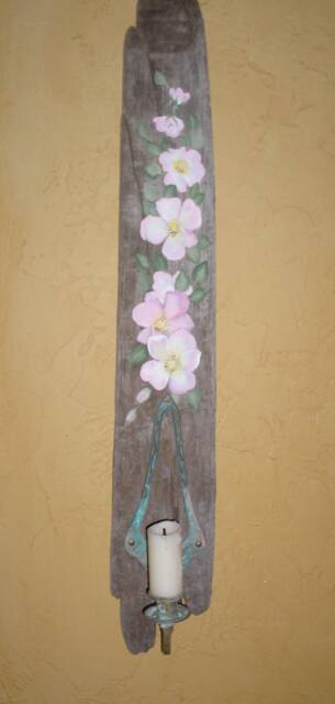 Beach Cottage Driftwood Candle Sconce/Hand Painted Pink Wild Roses Reclaimed Wood Upstairsataliceanns - image 1