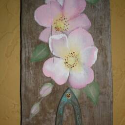 Beach Cottage Driftwood Candle Sconce/Hand Painted Pink Wild Roses Reclaimed Wood Upstairsataliceanns - thumbnail 4