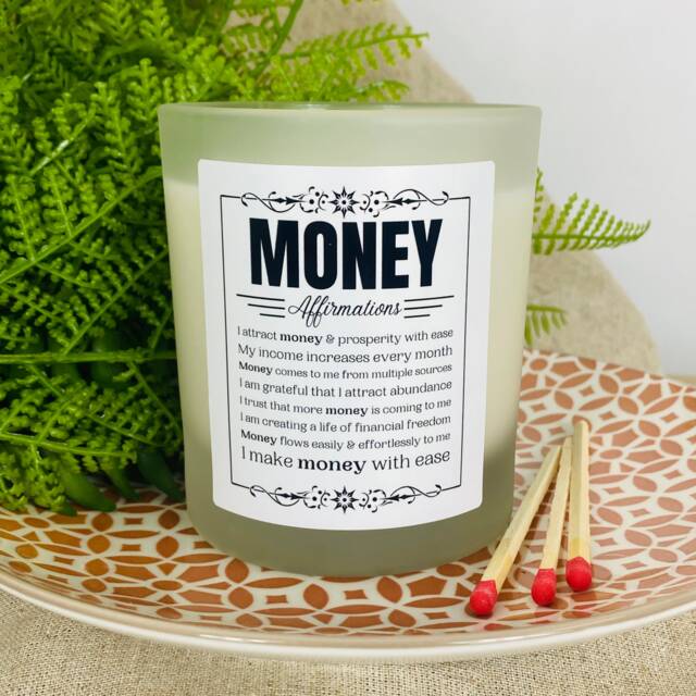 Money - Wealth Prosperity Success Affirmation Positivity Candle Manifesting - Frosted Glass Jar - image 1