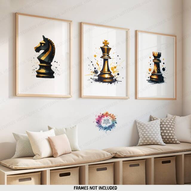Golden Chess Print Set - Of 3 Boho Posters - Player Gift Watercolour Prints Home Decor Lover Wall Art - image 1