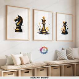 Golden Chess Print Set - Of 3 Boho Posters - Player Gift Watercolour Prints Home Decor Lover Wall Art - thumbnail 1