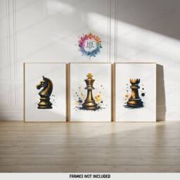 Golden Chess Print Set - Of 3 Boho Posters - Player Gift Watercolour Prints Home Decor Lover Wall Art - thumbnail 2