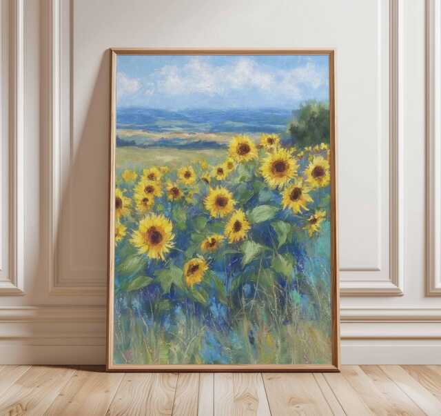 Sunflower Field Wall Art, Yellow Flower Poster, Rustic Botanical Print, Countryside Nature Artwork, Farmhouse Floral Decor - image 1