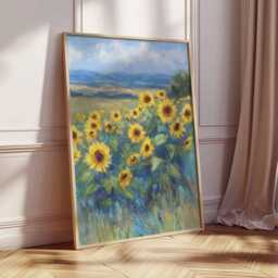 Sunflower Field Wall Art, Yellow Flower Poster, Rustic Botanical Print, Countryside Nature Artwork, Farmhouse Floral Decor - thumbnail 2