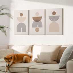 Canvas Art Set Of 3 - Shapes in Shades Brown & Beige, Beige Wall Art, Abstract Decor - thumbnail 2