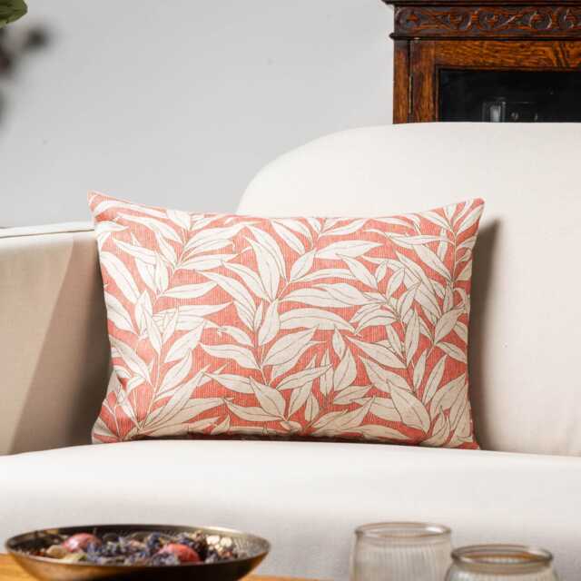 Willow Leaves Boudoir Cushion Cover in Coral Pink. Organic Linen-Blend Fabric. Botanical Nature-Inspired Print. 17x12 - image 1