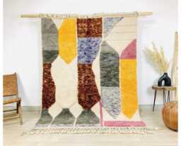 White Moroccan Rug, Abstract Color Block Berber Shag Rug Large Area Multicolored Wool Art - thumbnail 1