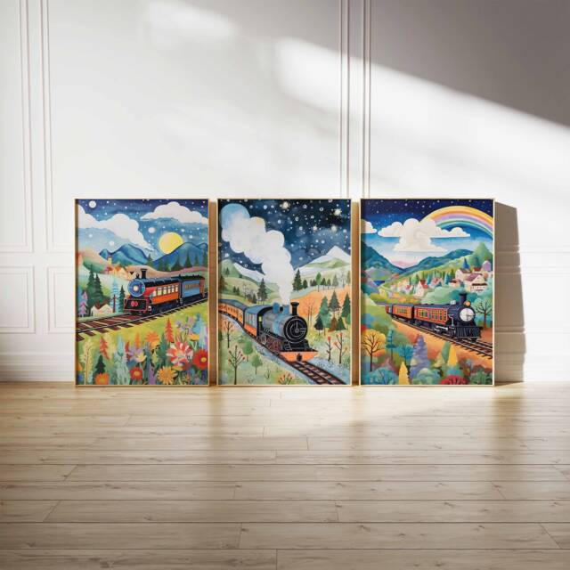 Set Of 3 Train Print, Wall Art, Steam Poster, Boys Room Kids Decor, Playroom Decor - image 1