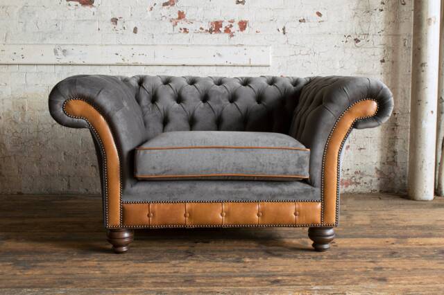 Unique British Handmade Tan Leather With Slate Grey Velvet Snuggle Chesterfield Chair - Reflex Foam Cushion Seat - image 1