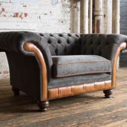 Unique British Handmade Tan Leather With Slate Grey Velvet Snuggle Chesterfield Chair - Reflex Foam Cushion Seat - thumbnail 3