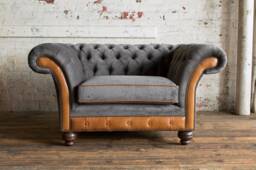 Unique British Handmade Tan Leather With Slate Grey Velvet Snuggle Chesterfield Chair - Reflex Foam Cushion Seat - thumbnail 1