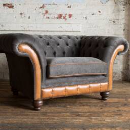 Unique British Handmade Tan Leather With Slate Grey Velvet Snuggle Chesterfield Chair - Reflex Foam Cushion Seat - thumbnail 2