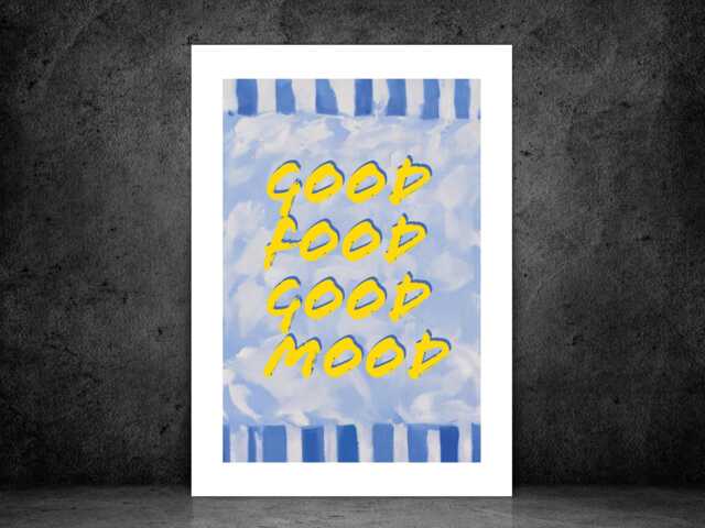 Good Food Mood - Wall Print Abstract Blue Stripes Happy Quote Gift Idea Bespoke Poster A5 A4 A3 Framed Or Unframed - image 1