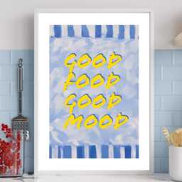 Good Food Mood - Wall Print Abstract Blue Stripes Happy Quote Gift Idea Bespoke Poster A5 A4 A3 Framed Or Unframed - thumbnail 2