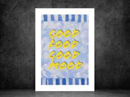 Good Food Mood - Wall Print Abstract Blue Stripes Happy Quote Gift Idea Bespoke Poster A5 A4 A3 Framed Or Unframed - thumbnail 1
