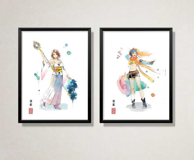 Final Fantasy X - Yuna Rikku - A3 A4 A5 Fanart Prints Frames Available Sumi-E Japanese Ink Brush D??cor Gift Ffx Ffx-2 Poster