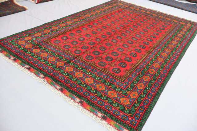 7x10 Large Afghan Rug, Turkmen Handmade Wool Traditional Tribal Area Oriental Red High Pile Soft Bedroom Rug 200x300 cm - image 1