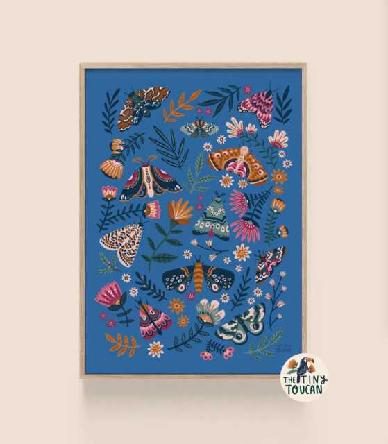 Decorative Moths Fine Art Print - Colourful Home Decor - Unique Wall Art - A5, A4, A3 - Interior Plastic Free, Sustainable Gifting - image 1