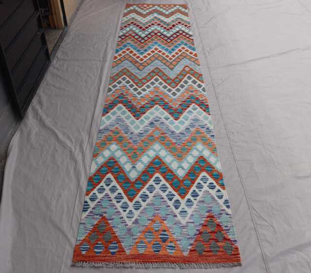 3x13 Modern Runner Rug, One Of A Kind Rug, Afghan Kilim Handmade Wool Flatweave Boho Gabbeh Design 13 Ft Hallway Rug - image 1