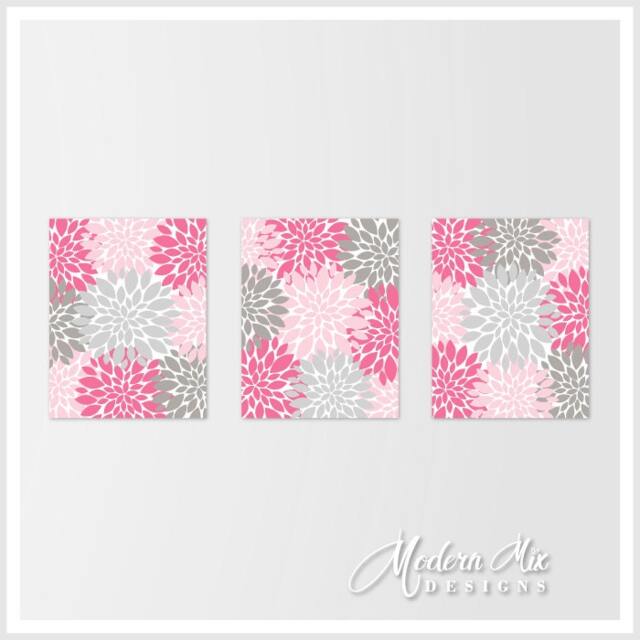 Pink Gray Triptych Wall Art Floral Decor Bedroom Art Canvas Bathroom Flower Burst Nursery Decorhome Decor Set Of 3 M 004 01 - image 1