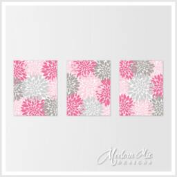 Pink Gray Triptych Wall Art Floral Decor Bedroom Art Canvas Bathroom Flower Burst Nursery Decorhome Decor Set Of 3 M 004 01 - thumbnail 1