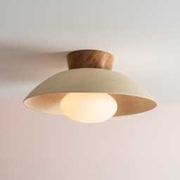 Speckled Cream Matt Dawn Flush Mount Ceiling Light in Ceramic & Oak