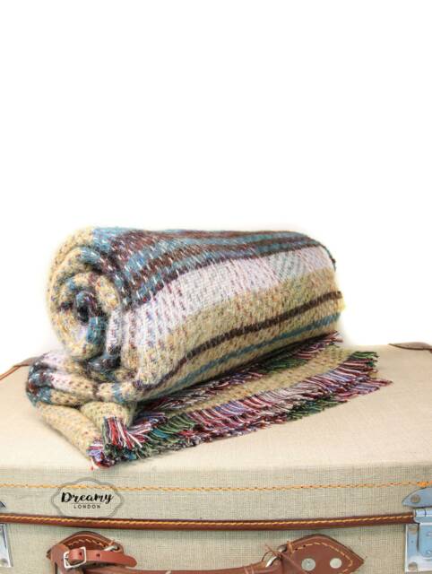 Beige Blue Recycled Wool Blanket - & Throws Made in England Housewarming Gift - image 1