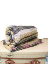 Beige Blue Recycled Wool Blanket - & Throws Made in England Housewarming Gift - thumbnail 1