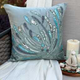 Blue Sequin & Bead Embellished Art Silk Abstract Pattern Throw Pillow Cover, 16x16 Modern Style Cushion Square Pillowcase-Water Burst - thumbnail 1