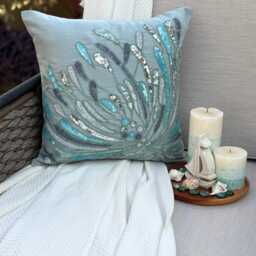 Blue Sequin & Bead Embellished Art Silk Abstract Pattern Throw Pillow Cover, 16x16 Modern Style Cushion Square Pillowcase-Water Burst - thumbnail 2