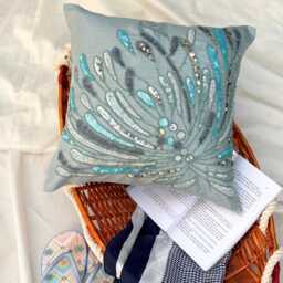 Blue Sequin & Bead Embellished Art Silk Abstract Pattern Throw Pillow Cover, 16x16 Modern Style Cushion Square Pillowcase-Water Burst - thumbnail 3