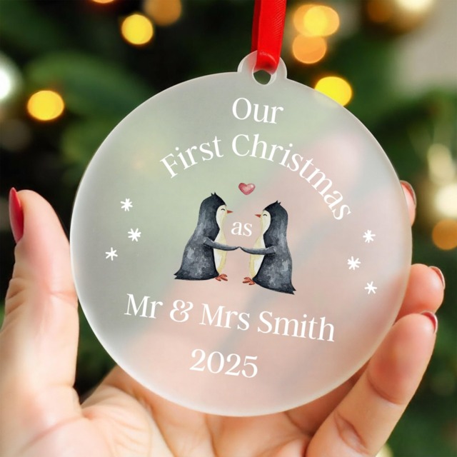 First Christmas As Mr & Mrs Decoration - Married Bauble 1st Penguin Couple With Red Bag - image 1