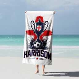 Football Trophy Personalised Name England Flag Bath Beach Towel Supporter St Georges Cross Sport Fan Holiday Travel Gift Present For Him Her