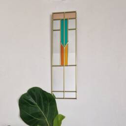 Art Deco Mirror Handcrafted By Catfish Glass 11x40cm. Sunset Orange, Vibrant Jade & Peachy Pink. Gold Lead - thumbnail 3