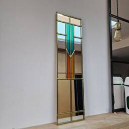 Art Deco Mirror Handcrafted By Catfish Glass 11x40cm. Sunset Orange, Vibrant Jade & Peachy Pink. Gold Lead - thumbnail 2