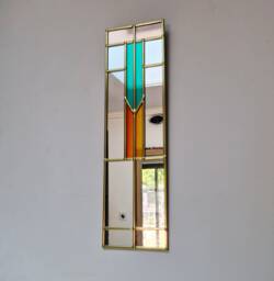 Art Deco Mirror Handcrafted By Catfish Glass 11x40cm. Sunset Orange, Vibrant Jade & Peachy Pink. Gold Lead