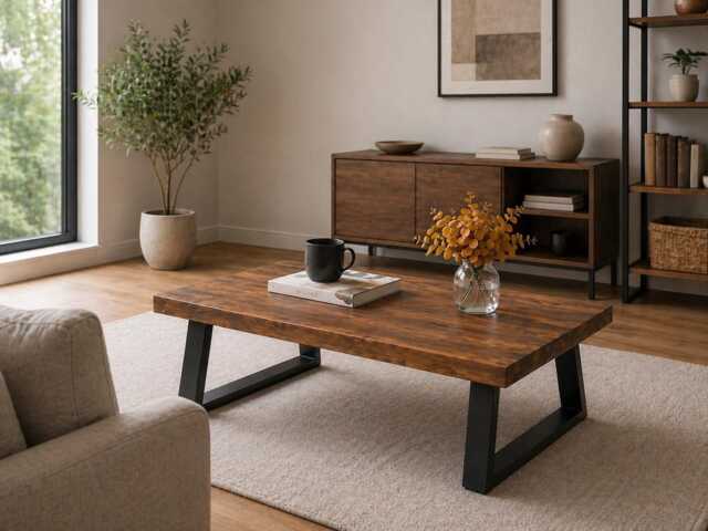 Solid Wood Coffee Table - Chunky Rustic Industrial Design, Trapezium Legs - image 1